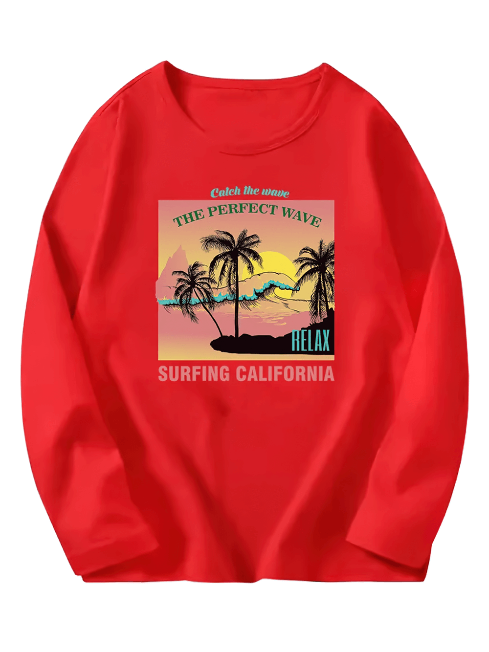 Kids Surfing California Long Sleeve Top - Colorful palm tree and wave design on red background, perfect for beach lovers.